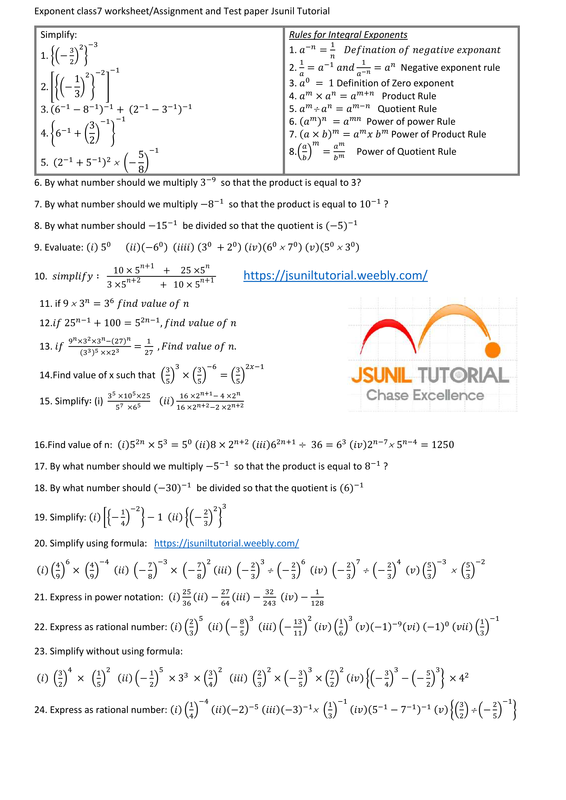Exponent class7 worksheet/Assignment and Test paper Jsunil Tutorial -  JSUNIL TUTORIAL CBSE MATHS & SCIENCE